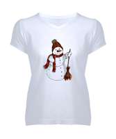 Sevimli Kardan Adam Beyaz Kadın V Yaka Tişört - Tisho