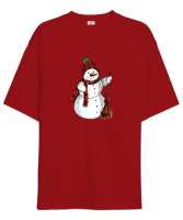 Sevimli Kardan Adam Kırmızı Oversize Unisex Tişört - Tisho