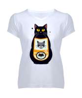 sevimli kedi Beyaz Kadın V Yaka Tişört - Tisho