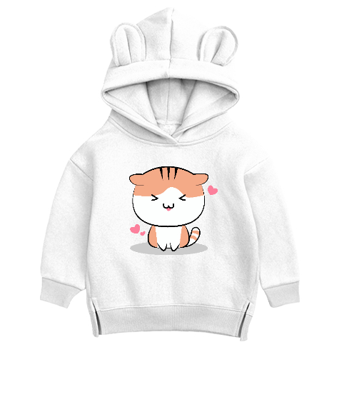 Tisho - SEVİMLİ KEDİ Beyaz Unisex Çocuk Ayı Hoodie Kapşonlu