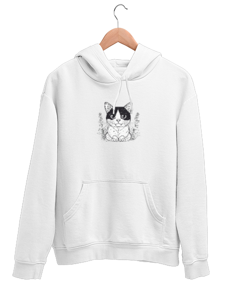 Tisho - Sevimli Kedi Beyaz Unisex Kapşonlu Sweatshirt