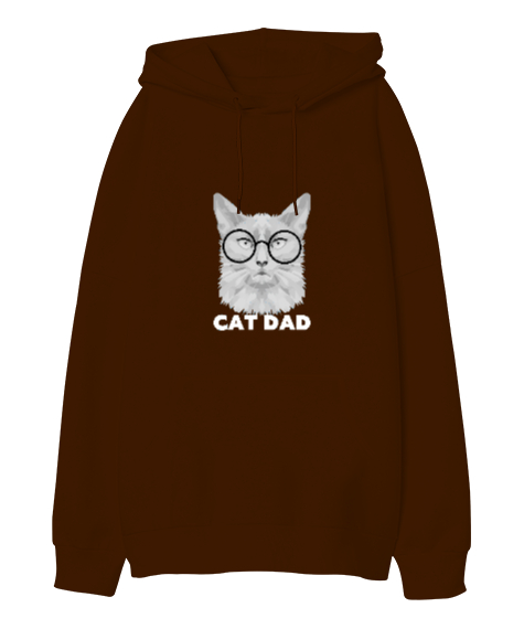 Tisho - Sevimli Kedi Cat Dad Yazılı Kahverengi Oversize Unisex Kapüşonlu Sweatshirt
