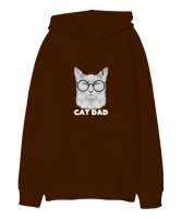 Sevimli Kedi Cat Dad Yazılı Kahverengi Oversize Unisex Kapüşonlu Sweatshirt - Tisho