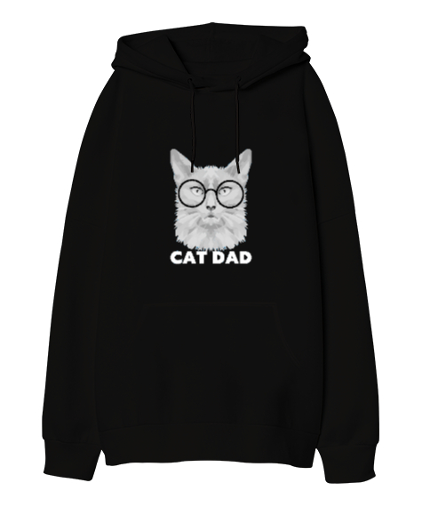 Tisho - Sevimli Kedi Cat Dad Yazılı Siyah Oversize Unisex Kapüşonlu Sweatshirt