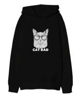 Sevimli Kedi Cat Dad Yazılı Siyah Oversize Unisex Kapüşonlu Sweatshirt - Tisho