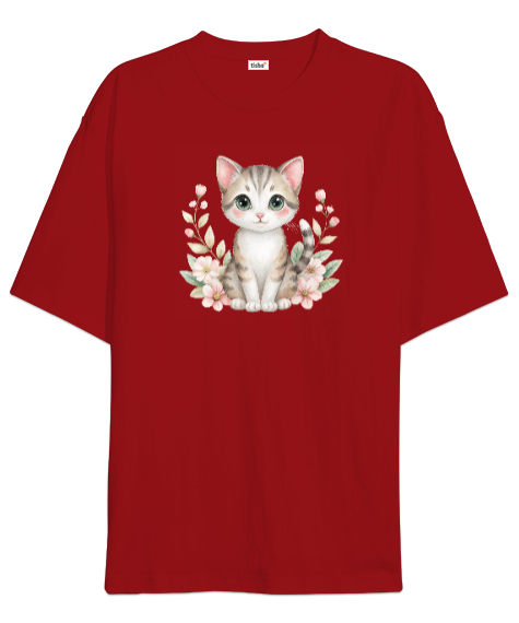 Sevimli Kedi - Cat Kırmızı Oversize Unisex Tişört - Tisho