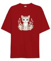Sevimli Kedi - Cat Kırmızı Oversize Unisex Tişört - Tisho