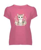Sevimli Kedi - Cat Pembe Kadın V Yaka Tişört - Tisho