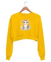 Sevimli Kedi - Cat Sarı Kadın Crop Sweatshirt - Tisho