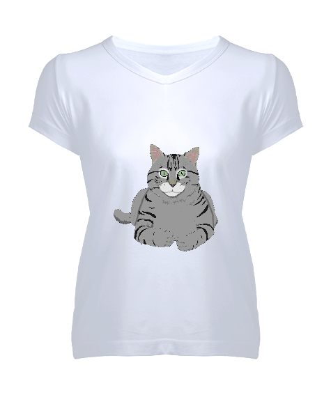 Tisho - Sevimli Kedi Kadın V Yaka Tişört