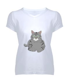 Sevimli Kedi Kadın V Yaka Tişört - Tisho