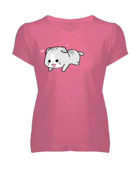 Tisho - sevimli kedi Kadın V Yaka Tişört