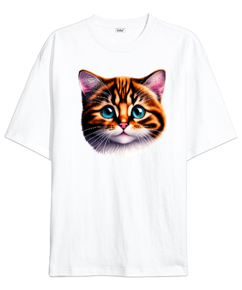 Sevimli Kedi Suratı Beyaz Oversize Unisex Tişört - Tisho