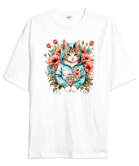 Sevimli kedi ve çiçekler Beyaz Oversize Unisex Tişört - Tisho