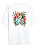 Sevimli kedi ve çiçekler Beyaz Oversize Unisex Tişört - Tisho