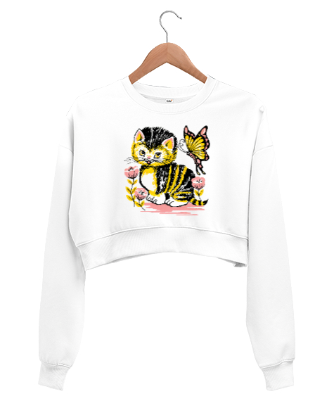 Tisho - Sevimli Kedi ve Kelebek Beyaz Kadın Crop Sweatshirt