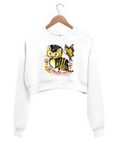 Sevimli Kedi ve Kelebek Beyaz Kadın Crop Sweatshirt - Tisho