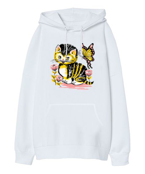 Tisho - Sevimli Kedi ve Kelebek Beyaz Oversize Unisex Kapüşonlu Sweatshirt