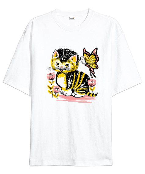 Tisho - Sevimli Kedi ve Kelebek Beyaz Oversize Unisex Tişört