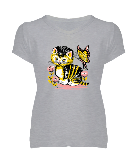 Tisho - Sevimli Kedi ve Kelebek Gri Kadın V Yaka Tişört