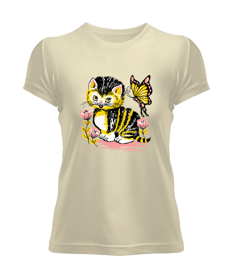 Tisho - Sevimli Kedi ve Kelebek Krem Kadın Tişört