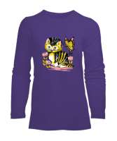 Sevimli Kedi ve Kelebek Mor Kadın Uzun Kol Tişört - Tisho