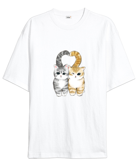Tisho - Sevimli kediler Beyaz Oversize Unisex Tişört