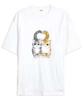 Sevimli kediler Beyaz Oversize Unisex Tişört - Tisho