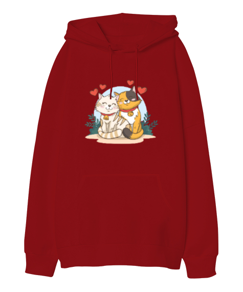 Tisho - sevimli kediler Kırmızı Oversize Unisex Kapüşonlu Sweatshirt