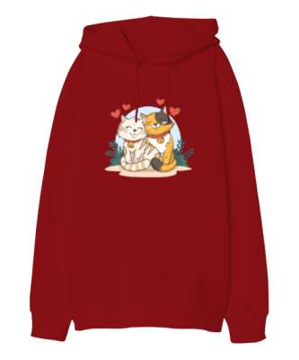 sevimli kediler Kırmızı Oversize Unisex Kapüşonlu Sweatshirt - Tisho