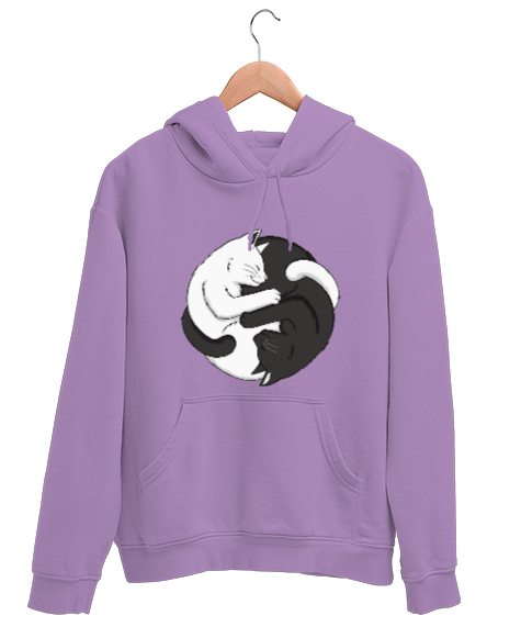 Tisho - Sevimli Kediler Yin Yang Denge Lila Unisex Kapşonlu Sweatshirt