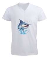 SEVİMLİ KILIÇ BALIĞI Beyaz Erkek Kısa Kol V Yaka Tişört - Tisho
