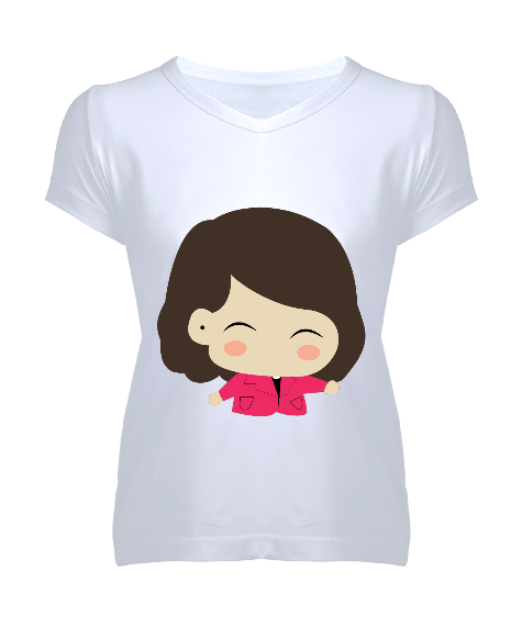 Tisho - sevimli kız çocuğu tasarımlı Kadın V Yaka Tişört