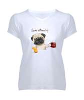 Sevimli Köpek - Günaydın - Good Morning Beyaz Kadın V Yaka Tişört - Tisho
