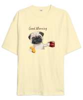 Sevimli Köpek - Günaydın - Good Morning Krem Oversize Unisex Tişört - Tisho