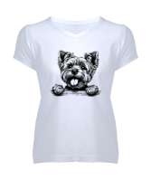 Sevimli Köpek - Sweet Dog V4 Beyaz Kadın V Yaka Tişört - Tisho