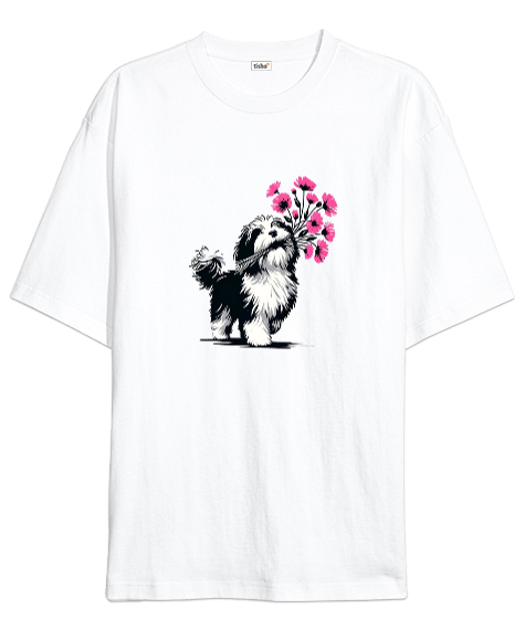 Tisho - Sevimli Köpek ve Çiçek Demeti Beyaz Oversize Unisex Tişört