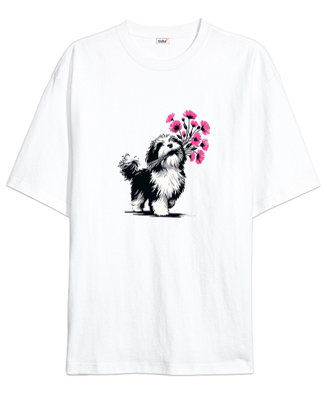 Sevimli Köpek ve Çiçek Demeti Beyaz Oversize Unisex Tişört - Tisho