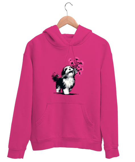Tisho - Sevimli Köpek ve Çiçek Demeti Fuşya Unisex Kapşonlu Sweatshirt