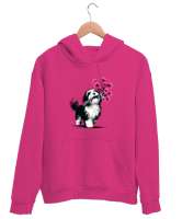 Sevimli Köpek ve Çiçek Demeti Fuşya Unisex Kapşonlu Sweatshirt - Tisho