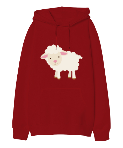 Tisho - Sevimli Koyun Kırmızı Oversize Unisex Kapüşonlu Sweatshirt