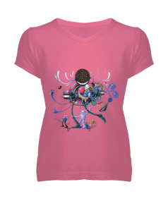 Sevimli Kurabiye Canavarları Kadın V Yaka Tişört - Tisho