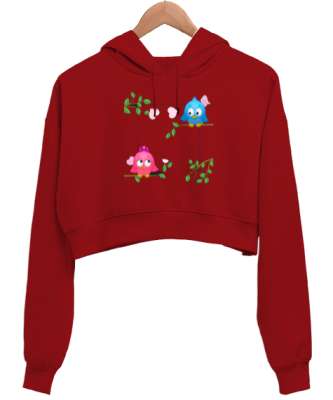 sevimli kuşlar Kırmızı Kadın Crop Hoodie Kapüşonlu Sweatshirt - Tisho