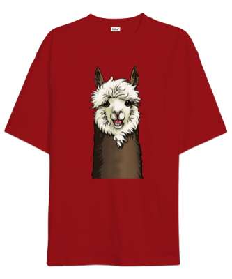 Sevimli Lama Kırmızı Oversize Unisex Tişört - Tisho