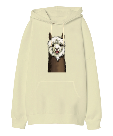 Tisho - Sevimli Lama Krem Oversize Unisex Kapüşonlu Sweatshirt