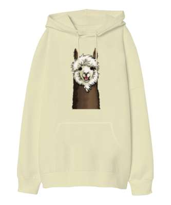 Sevimli Lama Krem Oversize Unisex Kapüşonlu Sweatshirt - Tisho