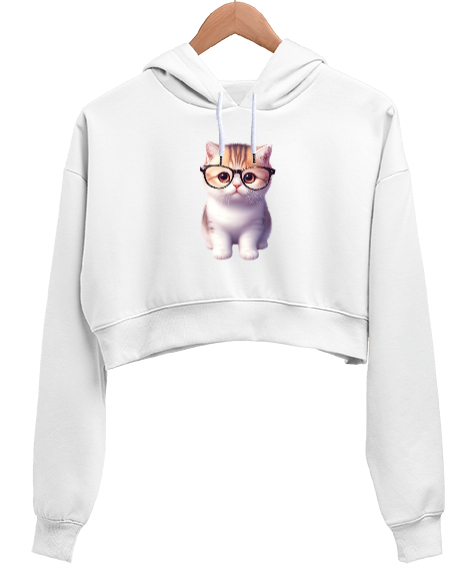 Tisho - Sevimli Meraklı Gözlüklü Minik Kedili Beyaz Kadın Crop Hoodie Kapüşonlu Sweatshirt