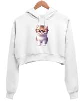 Sevimli Meraklı Gözlüklü Minik Kedili Beyaz Kadın Crop Hoodie Kapüşonlu Sweatshirt - Tisho