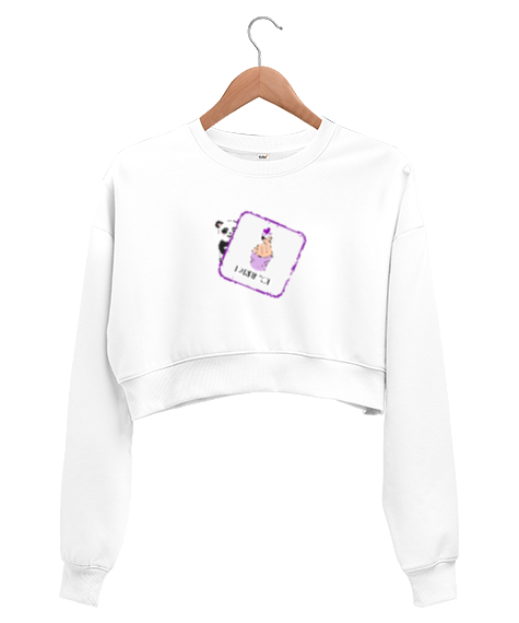 Tisho - Sevimli Panda Beyaz Kadın Crop Sweatshirt