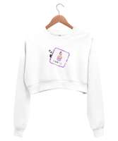 Sevimli Panda Beyaz Kadın Crop Sweatshirt - Thumbnail